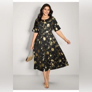 NWT bloomchic 22/24 Black & Gold Floral Midi Dress